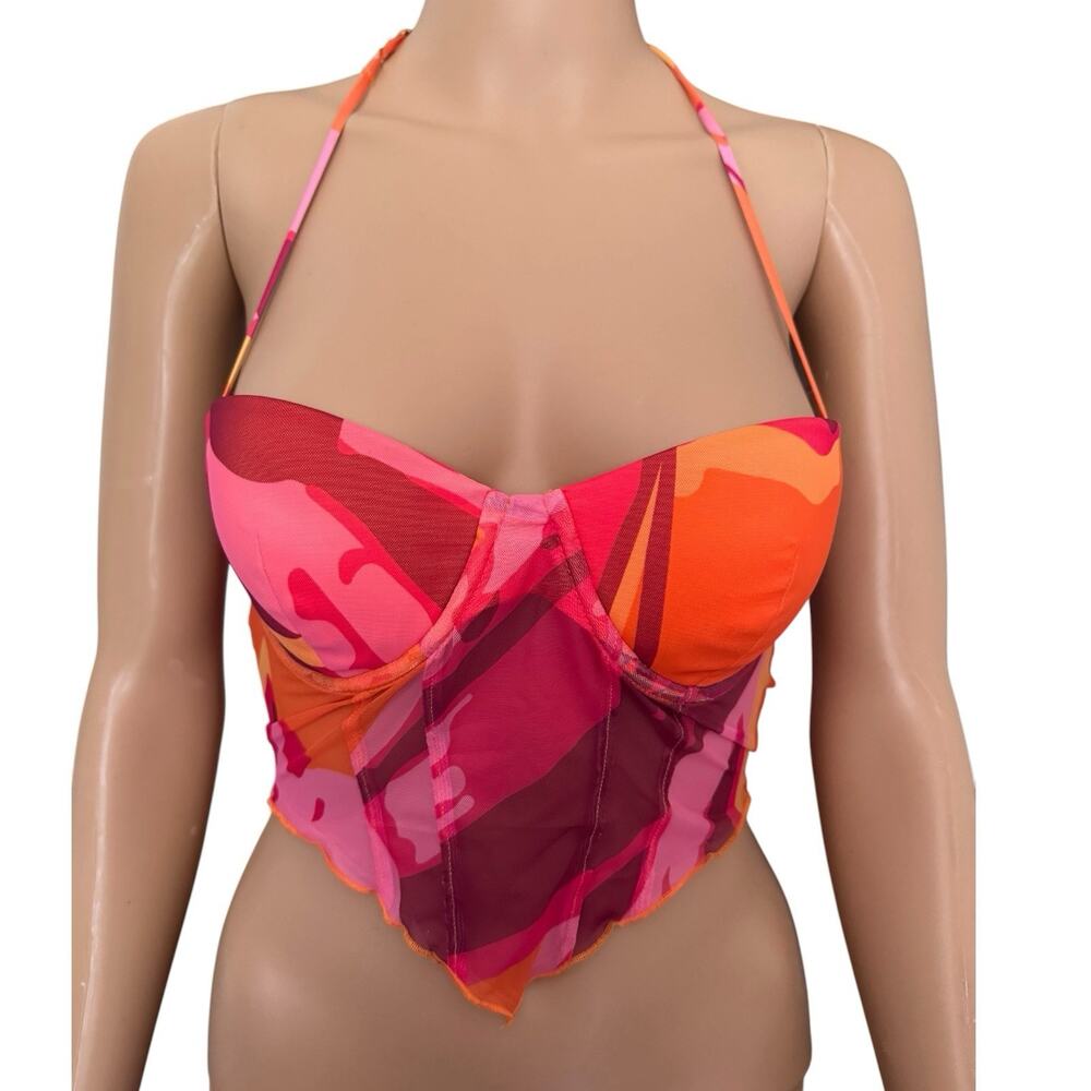 NWT Oh Polly Heatin Up Orange Pink Padded Corset Halter Top Size 2